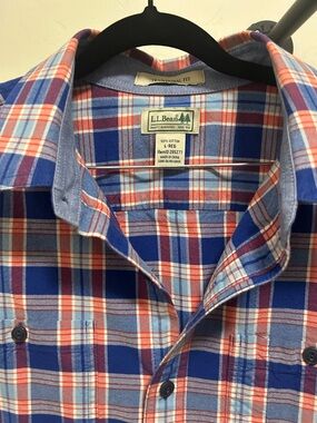 L.L. Bean Men’s Blue, Red & White Plaid Button-Down Shirt